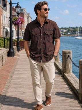 British India Adventures Men’s XL Brown Cotton Utility Safari Shirt Short Sleeve